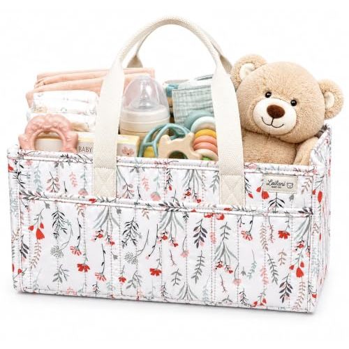 Diaper Caddy Organizer, Floral Design, Portable Nursery Basket with 3 Front Pockets and Zipper Pockets for Baby Essentials