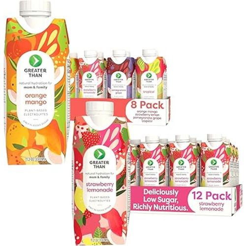 Greater Than Lactation Supplement Support, Coconut Water, Vitamins & Electrolyte Drink for Breastfeeding, Breast Milk & Immune Support, Variety Pack & Strawberry Lemonade (20 Pack)