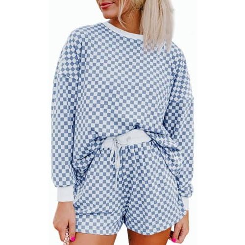 Tankaneo Womens 2 Piece Outfits Oversized Long Sleeve Checkered Plaid Tops Elastic Waist Shorts 2026 Pajama Sets Loungewear