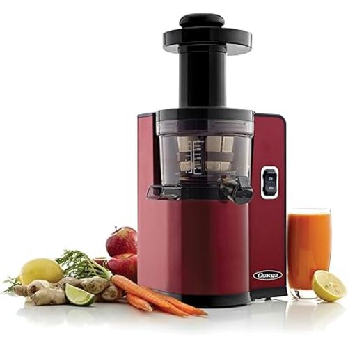 Omega Juicer Cold Press Vertical 43 RPM Slow Masticating Compact Juice Extractor for Fruits and Vegetables Quiet Operation with 3 Stage Auger Automatic Pulp Ejection and No-Drip Tap, 150-Watts, Red