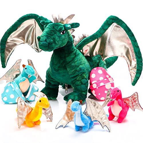 Deekin 7 Pcs Dragon Toy Set 16 Inch Large Dragon Stuffed Animal with 4 Baby Plush and 2 Eggs in Mommy's Belly Dinosaur Plushies Gifts for Boys Girls Birthday(Cute Style)