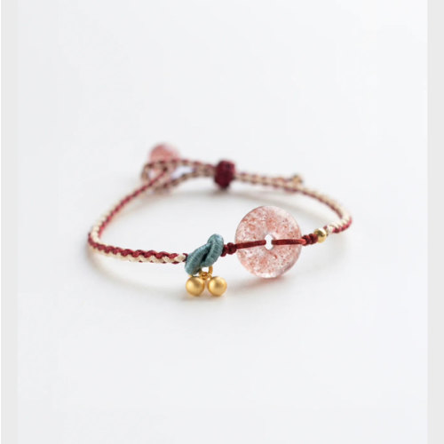 Baby Collection | Cherry Charm — Pink Strawberry Quartz Woven Baby Bracelet/Anklet | seree