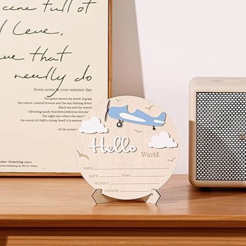 Baby Announcement Sign with Stand & Marker, Hello World Wooden Birth Stat Plaque for Newborn Photoshoot, Hospital & Nursery Decor, (Airplane)
