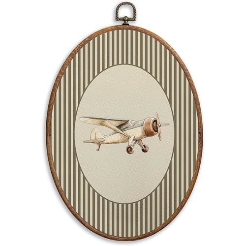 SONMYSULIL Vintage Airplane Nursery Wall Art Decor, Boys Room Oval Wall Hanging Decor, Airplane Vehicle Striped Framed Canvas Prints for Home Kids Boys Nursery Room Bedroom Playroom, 8.6x11.4 Inch
