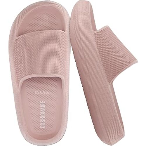 CUSHIONAIRE Feather EVA Slides for Women – Comfortable Slip On Womens Slippers, Indoor Outdoor Shower Shoes, Beach Essential Cloud Slides