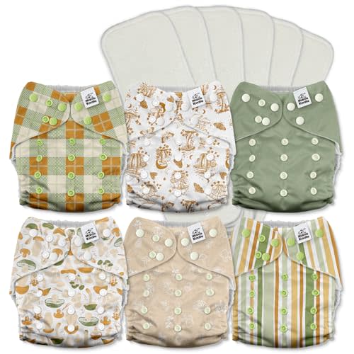 Mama Koala 3.0 Pocket Cloth Diapers for Babies with AWJ Lining, 6 Pack with 6 5-Layer Natural Cloth Diaper Inserts - Reusable and Washable Pocket Diapers(A-Mushrooms)