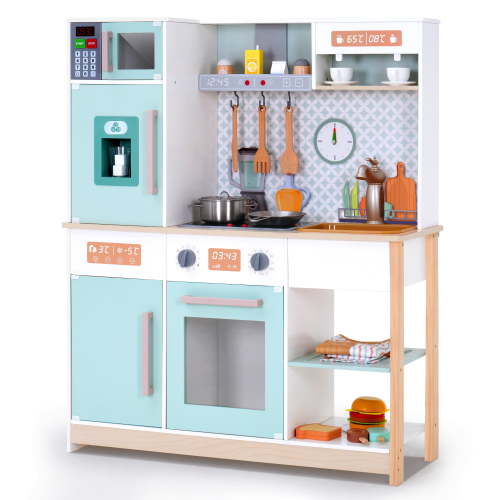 EVMORE Kids Play Kitchen Set, Wooden Pretend Kitchen Playset with 30Pcs Accessories, Microwave, Ice Maker, Oven, Coffee Maker, Sound & Light Toys Gift for Children Boys Girls