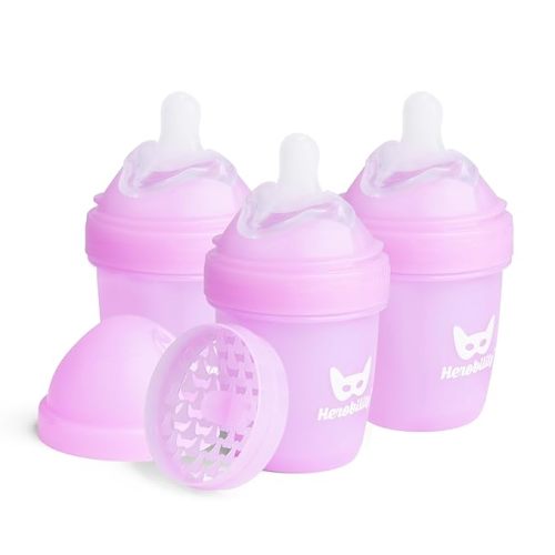 Herobility Anti-Colic Baby Bottles 5 oz / 140 ml – Pack of 3 Newborn Baby Bottles, Slow Flow Plastic Bottles, Breast-Shaped Teat for Breastfed Babies, Small Baby Bottles, Swedish Design, Purple