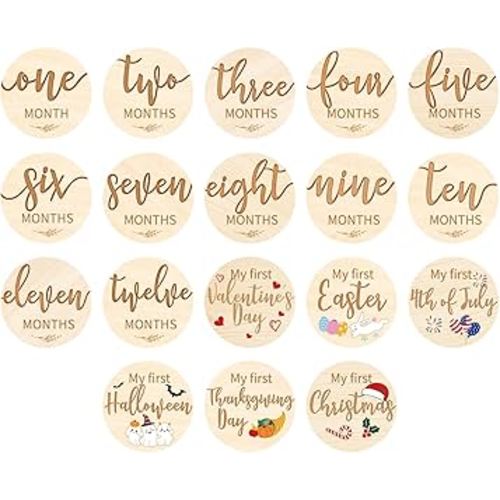 Capoda 18 Pcs Baby Monthly Milestone Cards My First Holiday Milestone Signs 1-12 Months Holiday Wooden Circles Announcement Discs for Boy Girl Photography Photo Baby Shower Newborn Keepsake Gift