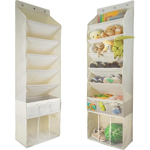3in1 Over The Door Shoe Organizer with 5 Slanted Compartments,Removable Storage Bin & Transparent Pockets,Thickened Waterproof Oxford Fabric Shoes Rack for Shoes,Boots,Toys,Daily Essentials. (Beige)