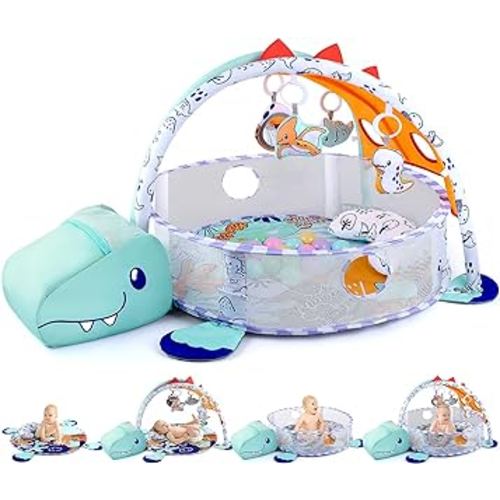 PLAY 4-in-1 Baby Play Mat - Dinosaur Baby Gyms & Playmats Tummy Time Mat Washable, Baby Activity Center with 4 Sensory Toys & 1 Soft Pillow, Develop Motor Skills Gift for Newborn Toddler - Multi