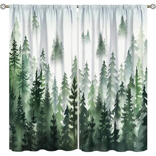 Print Curtains Green Watercolor Forest Tree Silhouette Room Darkening Curtains Pattern Printing for Bedroom 85x85inch(214x214cm)