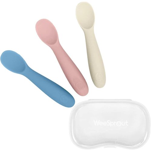 WeeSprout Baby Spoons for Self Feeding 6 Months +, Soft & Durable Silicone Utensils for Sensitive Gums & Teeth, Easy Grip Handles & Shorter Length for Little Hands, 3 Pack + Carrying Case