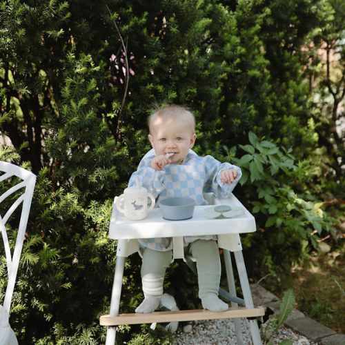 Mushie Blue Check Long Sleeve Bib