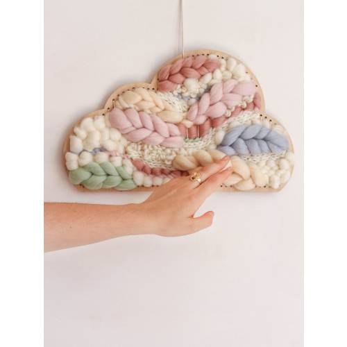 Rainbow Cloud Shaped Woven Wall Hanging, Pastel Nursery Decor, Handmade Wool Tapestry Fiber Art