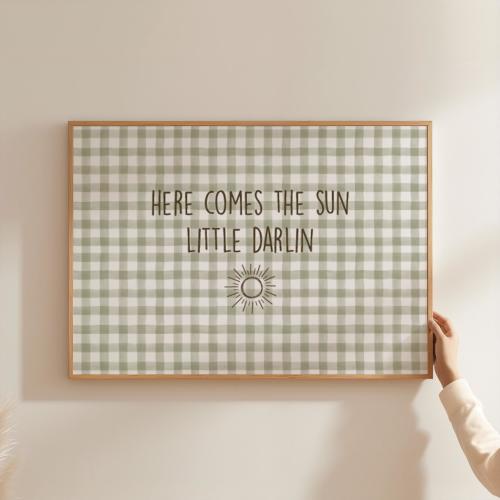 Here Comes the Sun Nursery Wall Art Sage Green Nursery Gingham Print Gender Neutral Baby Room Decor Vintage Boho Nursery Quote Print HCS1-A1