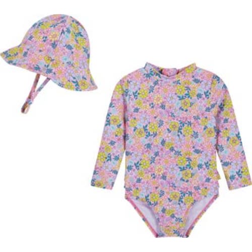 Long Sleeve One-Piece Rashguard Swimsuit & Sun Hat Set, 9-12M