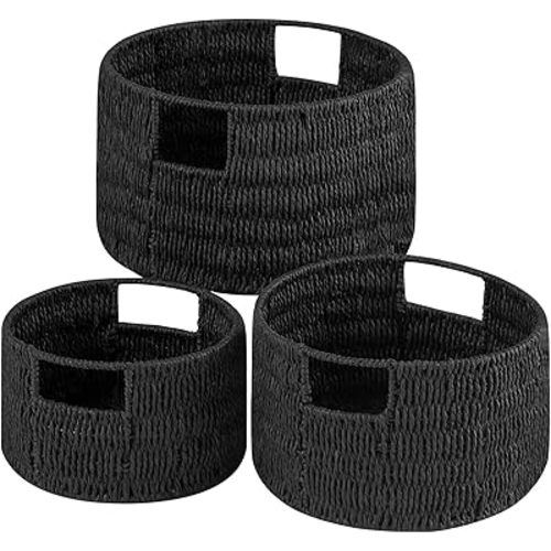 Vagusicc Wicker Storage Basket, Hand-Woven Paper Rope Large Round Woven Basket With Handles, Wicker Baskets for Organizing/Storage, Black, 3-Pack