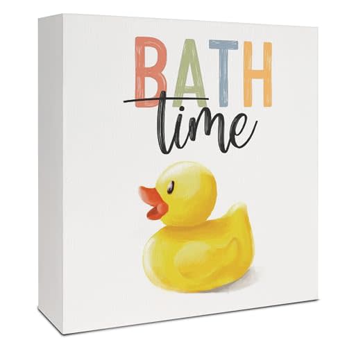 Bath Time Rubber Duck Bathroom Decor Wooden Box Sign, Kids Bathroom Decor, Cute Duck Wooden Box Sign for for Kids Bathroom Shower Room, 5x5 Inch