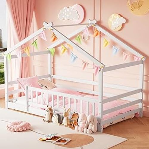 Twin House Bed, Montessori Floor Bed for Kids, Wooden Montessori Beds, Wooden Floor Bed Frame with Fence, Low Floor Beds for Toddlers, Kids, Boys, Girls, No Box Spring Needed (White)