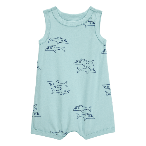 Blue Baby Boy Shark Print Cotton Romper - Blue