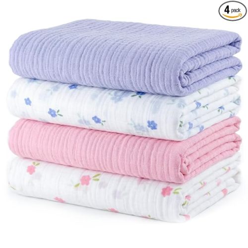Muslin Swaddle Blankets for Newborns, 4 Pack Multipurpose 100% Organic Cotton, Ultra Soft Breathable Receiving Blanket 47 x 47 inches, Swaddle Wrap for Baby Boys & Girls