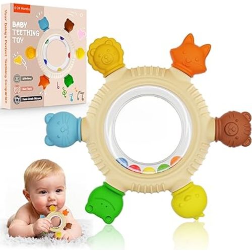 Baby Teething Toys for 3-6 6-12 Months, BPA Free Silicone Teething Rings Toys, Baby Teether Relief Chew Toy with Rattle, Sensory Toy for Infant Newborn, Babies Essential for Boys Girls 0-24 Months