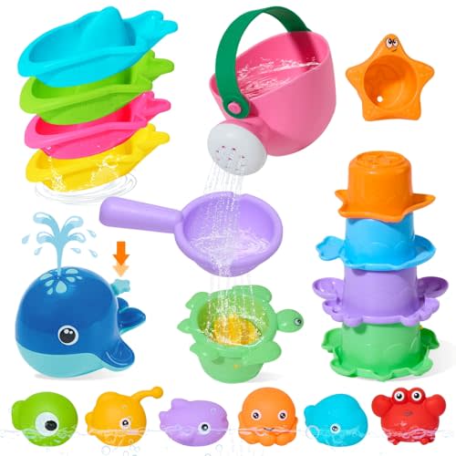 Baby Bath Toys for Kids Ages 1-3, 17PCS Mold-Free No Hole Bath Toys, Pool Water Table Toys, Toddler Bath Toy Set with Whale Sprayer, Boats & Stacking Cups, Easy Clean Bathtub Toys Girls Boys Gifts