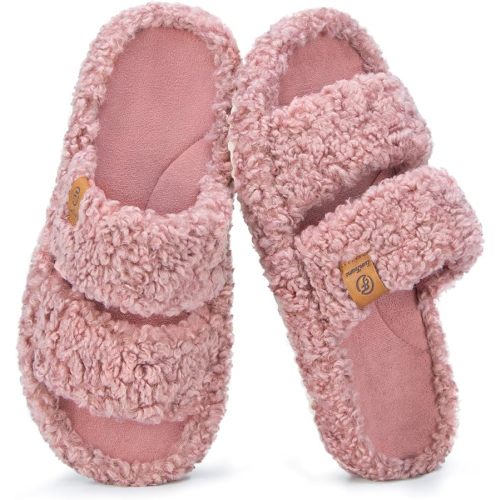EverFoams Womens Fuzzy Open-toe Slippers Soft Comfy Memory Foam Indoor House Shoes