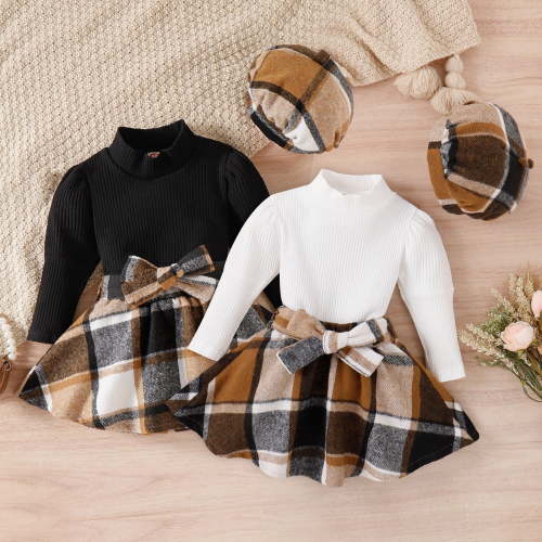 Toddler Girls 2 PC Sets Turtleneck Top Plaid Skirt Hat College Style Suit Two Piece Suitable For 9 Months ~ 4 Years Old White18M qILAKOG