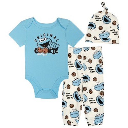 Sesame Street Baby Boy or Girl Graphic Creeper Elastic Waist Joggers and Beanie Outfit Cookie Monster Blue 3-6 Months