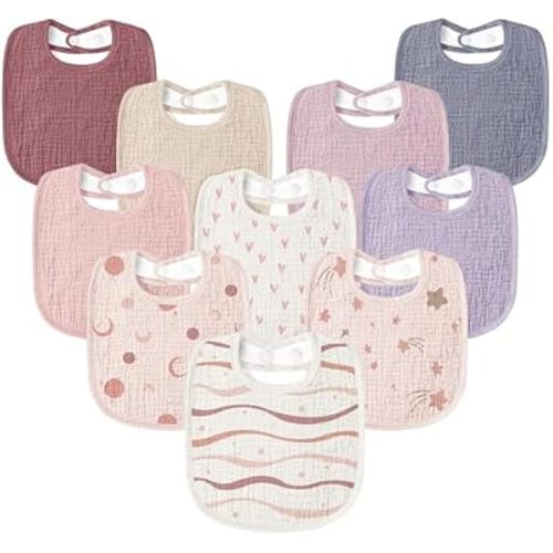 Susurration Muslin Baby Drool Bibs 10Pack Soft Square Adjustable Bandana Bibs for Unisex Baby Girls & Boys
