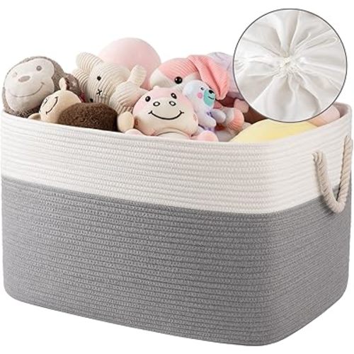 95L Extra Large Blanket Basket with Lid, 24" x 16.9" x 14.2" Woven Storage Basket for Living Room, Rectangle Nursery Blanket Storage for Toys, Towels, Dirty Clothes, Grey & White