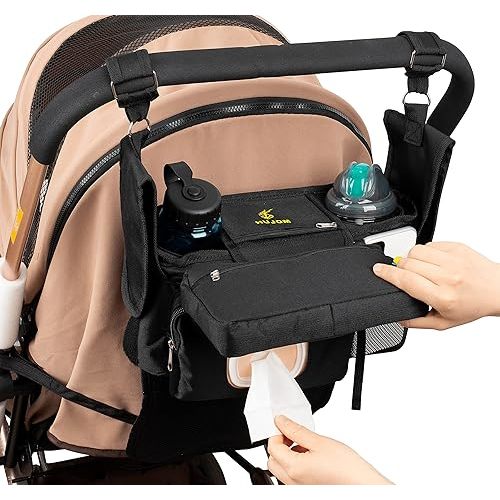 Universal Stroller Organizer with Insulated Cup Holders, Shoulder Strap, Phone Bag and Wipes Pocket. Caddy Fits Uppababy, Baby Jogger, Britax, BOB. Must have Stroller Accessories.