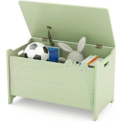 HONEY JOY Kids Wooden Toy Box, 3-in-1 Large Toy Trunk Chest w/Flip-Top Lid, Safety Hinge & Cut-out Handle, Storage Bench, Toddler Furniture for Playroom Bedroom, Gift for Boys Girls (Green)