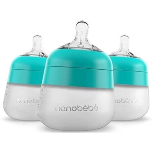 Nanobébé Flexy Silicone Baby Bottle, Anti-Colic, Natural Feel, Non-Collapsing Nipple, Non-Tip Stable Base, Easy to Clean 3-Pack, Teal, 5 oz