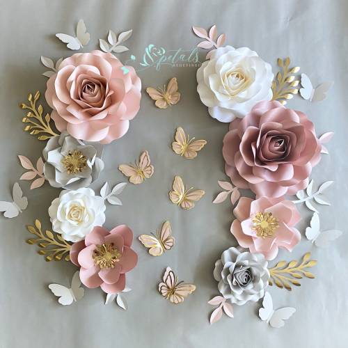 Dusty Rose Paper Flower Set: Nursery Wall Decor, Gold Accents