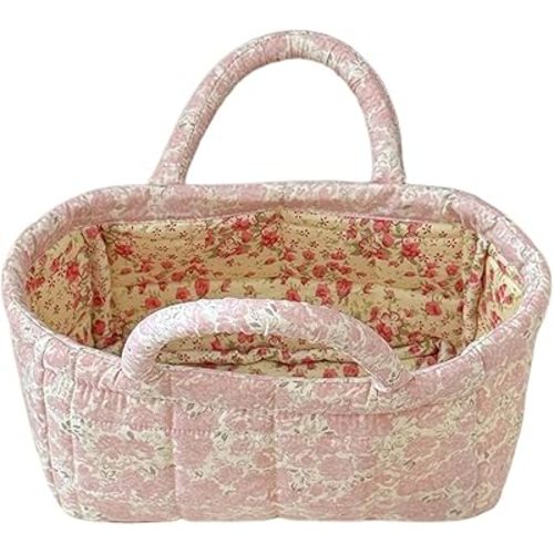 Small Storage Basket Organizer, Mini Fabric Floral Storage Baskets with Handle, Quilted Portable Collapsible Storage (N)