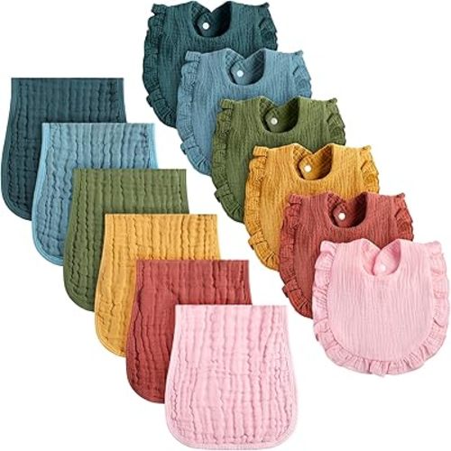 Newcotte 12 Pcs Baby Muslin Bibs and Burp Cloths Set Cotton Ruffle Absorbent Drooling Bibs with Snap Buttons Morandi Baby Burp Cloths for Boy Girl Drooling Teething Infant Newborn