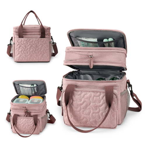 Insulated Lunch Bag Lunch Box Expandable Double Deck Cooler Bag Leakproof - Pink