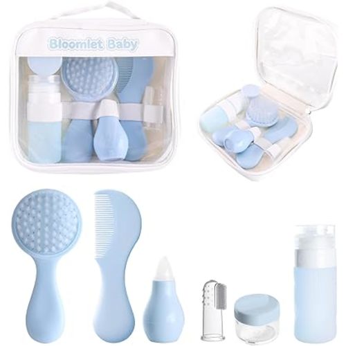 Baby Care Kit, Baby Grooming Kit,6-Piece Newborn Grooming Set with PP Baby Comb & Brush, Silicone Nasal Aspirator, Travel Bottles (60ml/20ml), Toothbrush, Newborn Care Set (Blue)