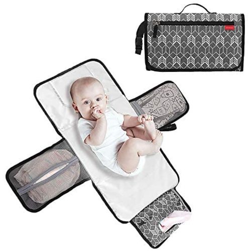Lekebaby Portable Diaper Changing Pad Waterproof Change Mat Travel for Baby, Built-in Head Cushion, Arrow Print, Grey