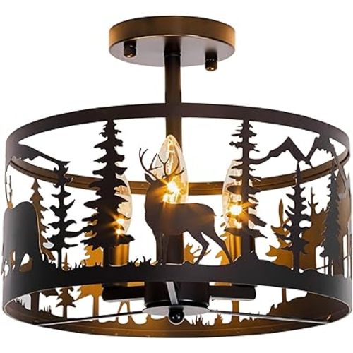 Rustic Semi-Flush Mount Ceiling Light Fixture,3-Light E12 Base Black Round Farmhouse Metal Light Fixtures for Kitchen, Hallway, Living Room, Industrial Style with Deer, Bear, Tree Design -Frame
