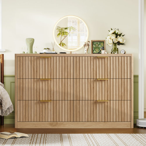 Ebern Designs 47.3''wide Fluted 6 Drawer Dresser For Bedroom, Modern Chest Of Drawers, Wood Closet Clothes Organizer For Bedroom, Hallway, Natural | Wayfair