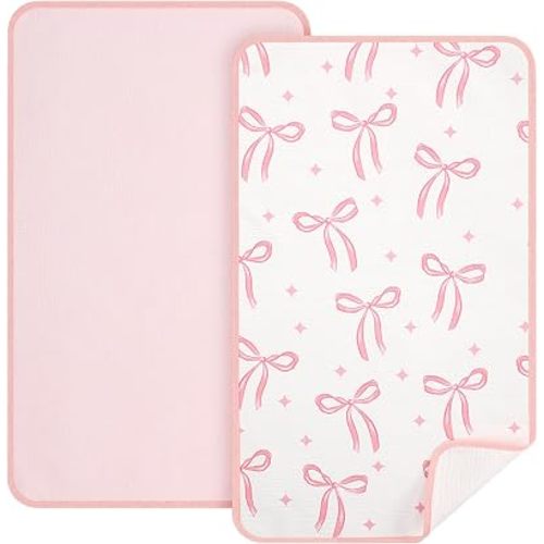 CroBlissful 2 Pack Pink Bow Waterproof Muslin Cotton Changing Pad 30"x 17", Soft & Foldable Baby Changing Mat Travel Pad Pink Bow Baby Stuff Coquette Nursery Decor