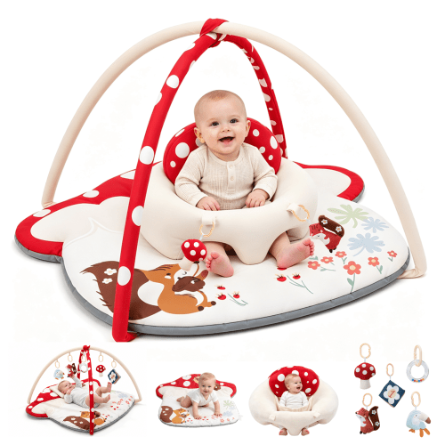 PRVAETU Baby Play Mats Tummy Time Mat for Infant Washable Padded Baby Activity Center with Detachable Toys Non-Slip Baby Gym Playmat,Red