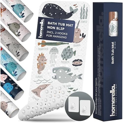 homerella® Bath Mat for Tub Non Slip Mildew Resistant 40x16 Extra Long incl. Hooks for Drying - Machine Washable - BPA Free-with Suction Cups and Drain holes for Bathtub- Shower Mat Non Slip Anti Mold