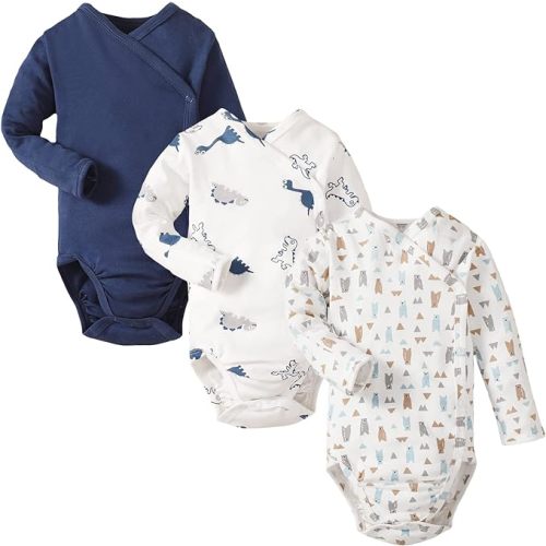 DEFAHN Baby Side Snap Bodysuit Kimono Onsies Newborn Boy Girl 3-Pack 100% Cotton Basic Pattern Kimono Bodysuits
