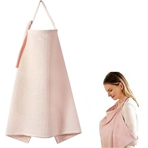 Waffle Weave Multifunctional Nursing Cover - 100% Cotton Breathable Breastfeeding Scarf (30x36 Inch), Adjustable Anti-Exposure Feeding Cover, Reusable Baby Swaddle Blanket (Pink)
