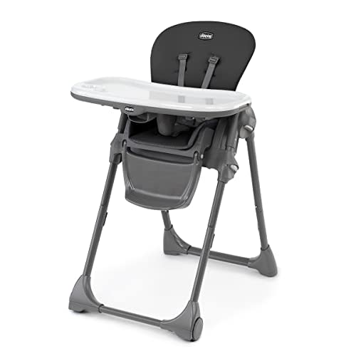Chicco Polly Space-Saving High Chair for Babies and Toddlers, Up to 40 lbs | Black/Black, foldable high chair, 11in compact fold, 3-position recline, 7 heights, 5-point harness, snap-on tray